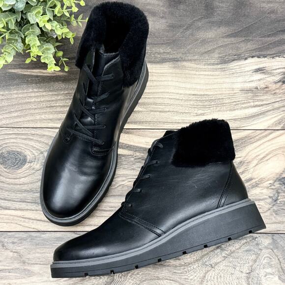 Clarks Shoes - Clarks Leighly Lace 9.5M Black Leather Faux Fur Cuff Comfort Ankle Boots Booties